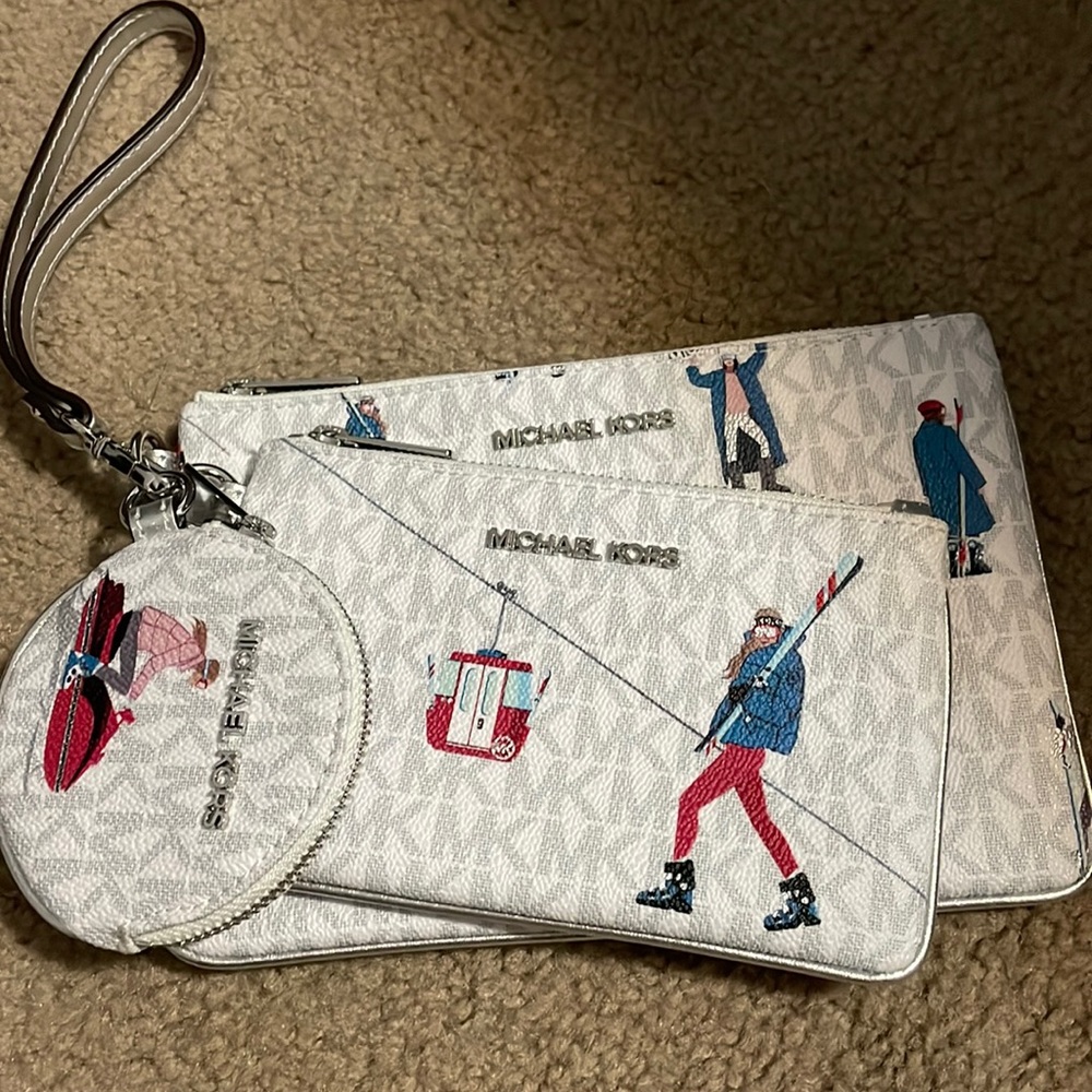 Michael Kors JET SET GIRLS Wristlet Trio Makeup Bags Wallet Case, White/Multi